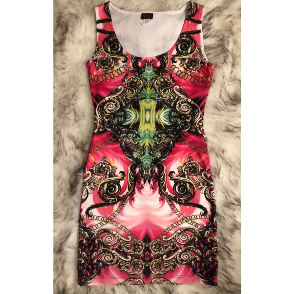 Pink and Green, Gold Chained Printed Dress